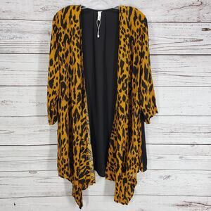 Glam Black Leopard Print Contrast Roll Tab Open Cardigan Size Medium
